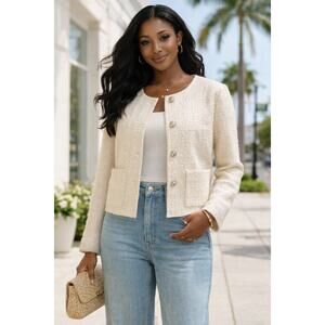 H&M Ivory Bouclé Textured Jacket XL Cropped Lady Jacket